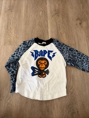 Bape White Tee with Blue Leopard Sleeves and Orange Ape Graphic